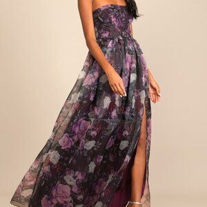 Lulus Wonderful Waltz Purple Floral Print Strapless Bustier Maxi Dress - Size M